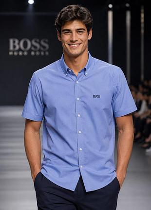 Сорочка чоловіча hugo boss синя розмір , xl бавовна еластан короткий рукав regular fit