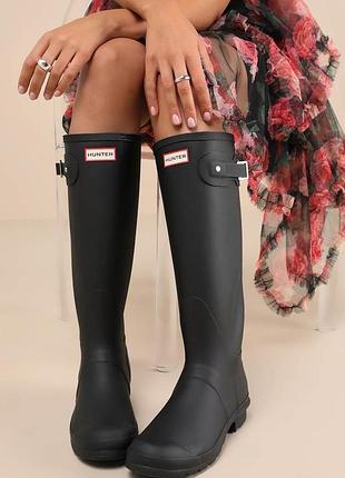 Hunter refined tall boot чорні високі гумові чоботи гумаки веллінгтони рибальські жіночі повсякденні демі сезон літні р. 40 41