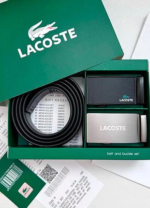Чоловічий ремінь lacoste чорний з двома пряжками на подарунок
