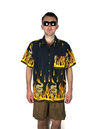 Сорочка гавайка полумʼя дракон чоловіча japan style hawaiian