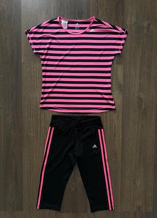 Дитячий спортивний комплект, костюм adidas для дівчаток 11-12 років, 150-152см. чорна футболка з яскраво-рожевими смужками та чорні велосипедки