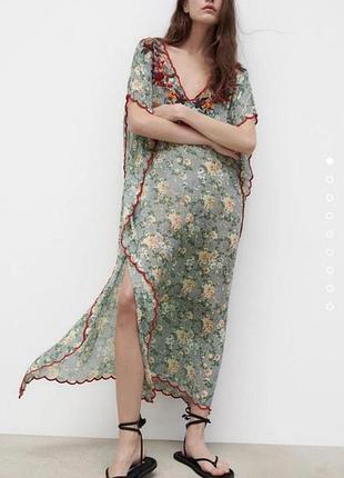 Платье-туника zara миди с цветочным принтом и вышивкой, oversize, m