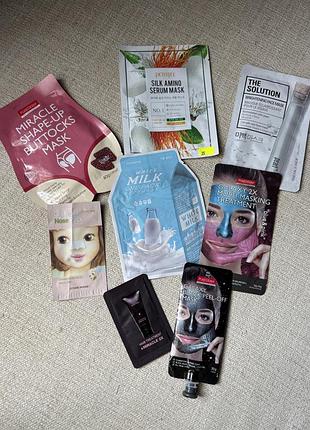 Набір тканинних масок і засобів для догляду purederm, etude house, the solution