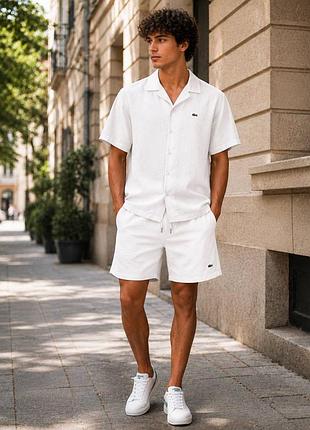 Льняной костюм лакостая рубашка + шорты lacoste лен