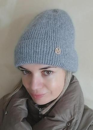 Шапка зимова жіноча пухнаста ангора тепла на підкладці 53-57 см сіра (2240s)