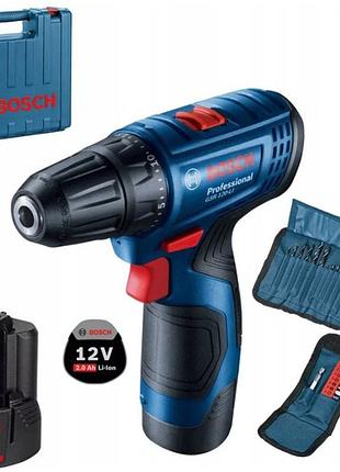 Аккумуляторная дрель-шуруповерт bosch gsr 120-li professional : кейс, 2шт акб 12v 2ah, набор бит и сверл