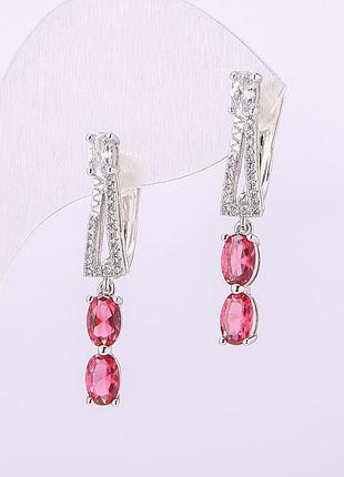 Серьги xuping с розовыми камнями 31х5мм родий новинка