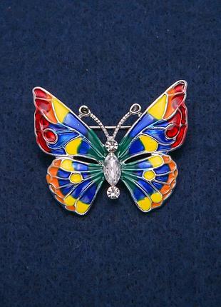 Брошь бабочка с белыми кристаллами и разноцветной эмалью, золотистый металл 31х37мм новинка