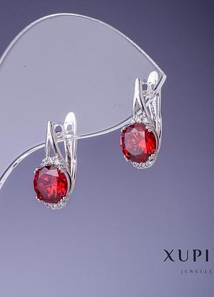 Серьги xuping с красными кристаллами 16х8мм родий новинка