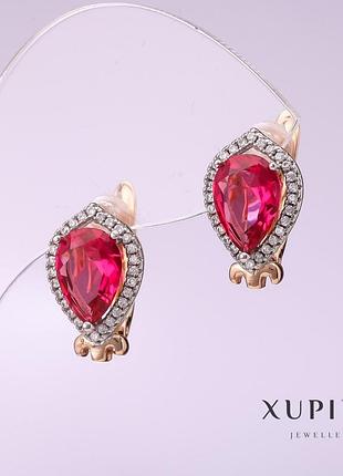 Серьги xuping с камнем цвет малиновый 10х14мм позолота 18к новинка