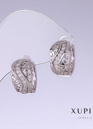 Серьги xuping с белыми стазами l-15мм s-10мм родий новинка