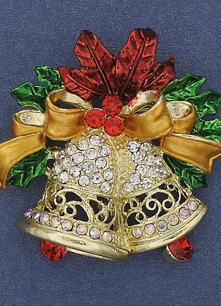 Брошь кулон новогодние колокольчики эмаль стразы золотистый металл 45х47мм+- новинка