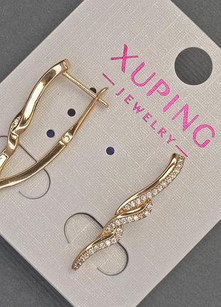 Серьги xuping с белыми стразами d-4мм+- l-27мм+- позолота 18к новинка