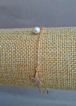 Браслет xuping позолота 18к с белыми стразами и бусиной l-17-20см, s-1,2мм +- новинка