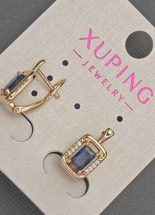 Серьги xuping с белыми стразами и синим кристаллом d-8мм+- l-14мм+- позолота 18к новинка