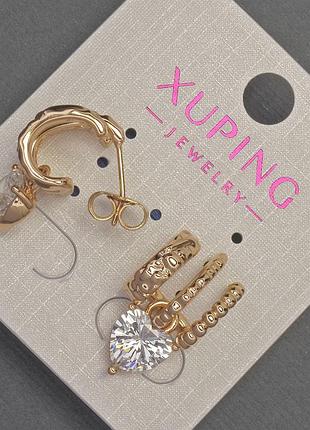 Серьги пусеты шарики xuping сердце с белым кристаллом d-21х12мм+- позолота 18к новинка