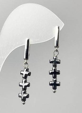 Серьги гематит кресты d-6х20мм+- l-40мм новинка