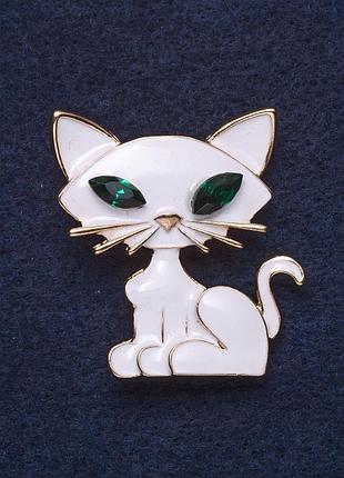 Брошь "котик" белая эмаль металл золото 3,5х3см новинка