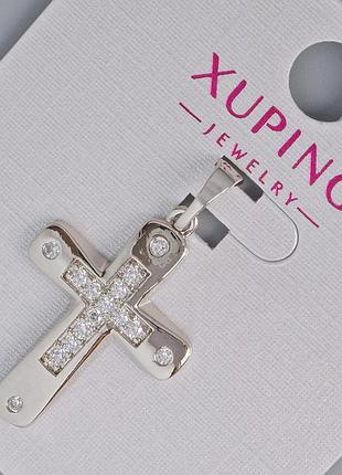 Кулон "крест" xuping с белыми стразами d-26х17,5мм+ - l-31мм+- родий новинка