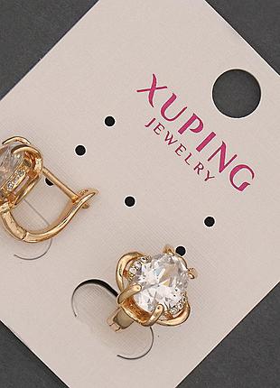 Серьги xuping с белым кристаллом d-12мм+- l-12мм+- позолота 18к новинка