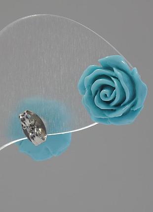 Серьги "гвоздики" "роза мини-1,7" голубая полимерная глина, металл-под "серебро" ?17mm новинка