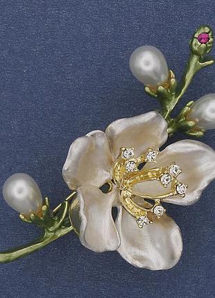 Брошка перламутровая эмаль перли та стразы золотистый метал 28х55мм+- новинка