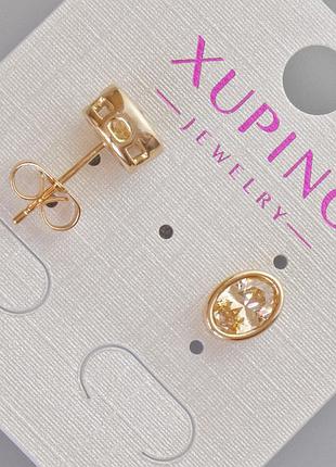Серьги пусеты xuping с оранжевым кристаллом d-8,5х6,5мм+- позолота 18к новинка