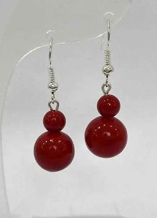Серьги коралл (имит) гладкий шарик d-6мм+- 12мм+- l-37мм+- новинка