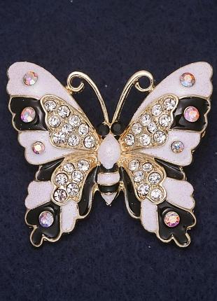 Брошь бабочка 43х38мм стразы эмаль белый черный хамелеон металл золотистый новинка