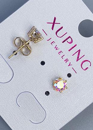 Серьги пусеты серьги пульчики xuping с радужным камнем 5мм+- позолота 18к новинка