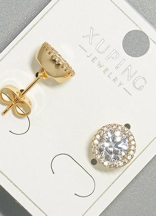 Серьги пусеты xuping с белым кристаллом и белыми стразами, круглая оправа d-9,5мм позолота новинка