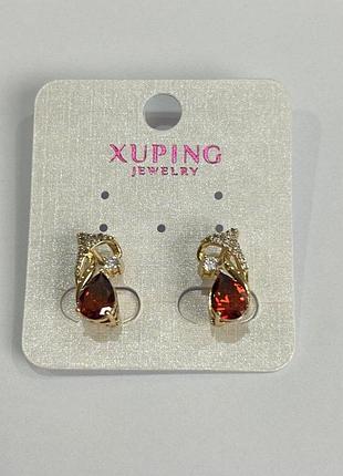 Серьги xuping с красными камнями и белыми стразами 8х15мм позолота 18к новинка