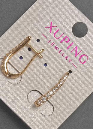 Серьги xuping с белыми стразами d-2мм+- l-20мм+- позолота 18к новинка