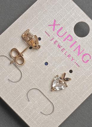 Серьги пусеты шарики xuping сердце с белым кристаллом d-7х10мм+- позолота 18к новинка