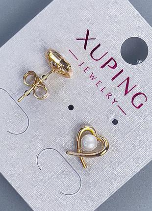 Серьги пусеты пульсеты пульчики xuping сердце с жемчужиной d-4мм+- 9х9мм+- позолота 18к новинка