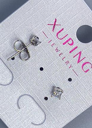 Серьги пусеты шарики xuping с белым камнем 3мм+- родий новинка
