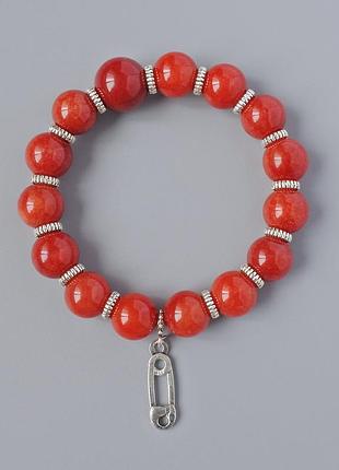 Браслет красная яшма (пресс.) d-12мм+- l-18см+- (стрейч) с металлическими вставками новинка
