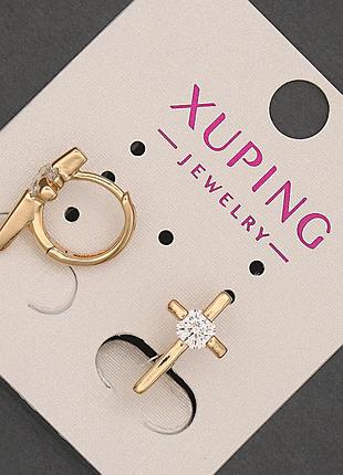 Серьги xuping кольца крест с белым кристаллом d-8мм+- l-15мм+- позолота 18к новинка