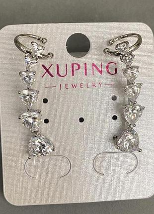 Каф пусет xuping родий с белыми кристаллами сердце 32х10мм + - новинка
