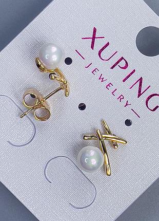 Серьги пусеты пульсеты пульчики xuping с жемчужиной d-6мм+- 12х10мм+- позолота 18к новинка