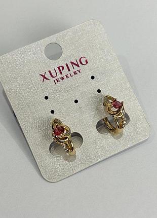 Серьги xuping с розовыми кристаллами и белыми стразами 14х7мм позолота 18к новинка