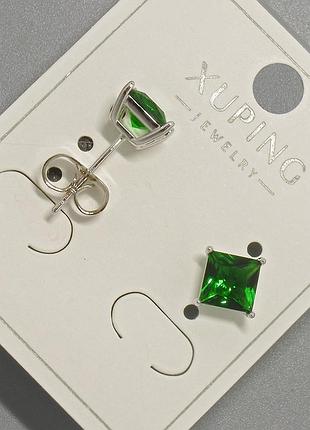 Серьги пусеты xuping с зеленым кристаллом d-6мм+- родий новинка