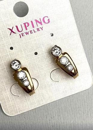 Серьги xuping с белыми кристаллами 7х18мм+- позолота 18к новинка