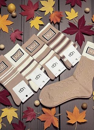 Женские носки ugg, комплект 5 пар, бежево-молочная палитра, с вышивкой и полосками, хлопок 90%