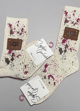 Жіночі шкарпетки ugg з декоративними бризками, молочні, з логотипом, бавовна, стиль street fashion
