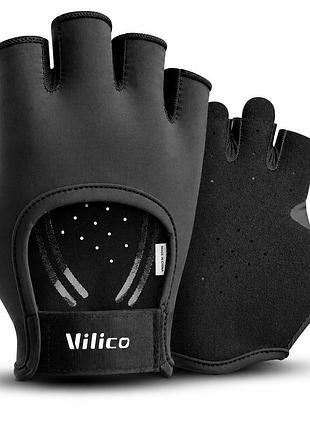 Перчатки для фитнеса vilico a0092 m обхват 18-19 см, спортивные без пальцев, для тренажерного зала и силовых тренировок, черные