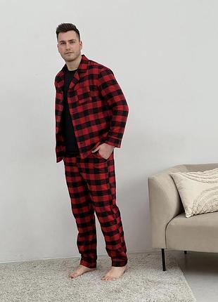 Пижама мужская cosy из фланели (брюки+рубашка+футболка) клетка красно/черная
