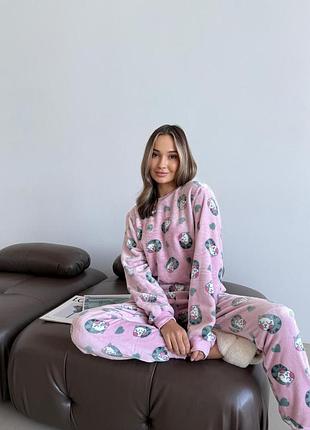 Домашня тепла жіноча піжама cosy мяу-лав з велсофта