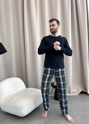 Домашня піжама для чоловіків cosy із фланелі (штани+лонгслів темно синій) в клітину синьо-зелені
