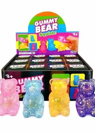 Сквиш антистресс мишка гами - мягкая игрушка тягучка с блестками gummy bear squish